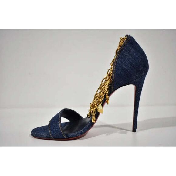 Christian Louboutin Gourmi Sandal 100 Denim Gold Charm Ankle Strap Heel Pump 38 - Picture 9 of 12